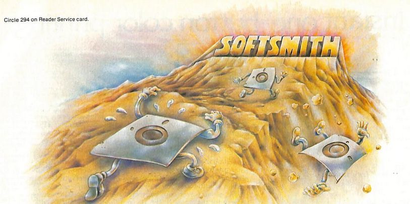 5.25" floppy disks (with arms and legs) struggling to climb a rocky mountain (one is falling). at the top of the mountain, the word 'softsmith' is carved in stone. this image was meant to demonstrate that softsmith were picky about only accepting the very best software submissions for publishing.