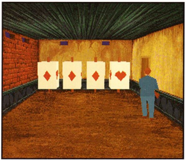 suited up protagonist is in a 3d room with four 3d cards on sticks showing a diamond, a diamond, a diamond and a heart.