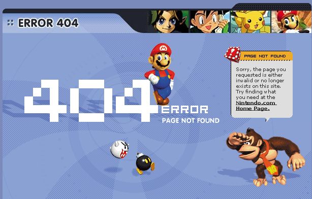 newer age mario is casually leaning on the last 4 of the 404. a boo and  bob-omb are below the 404 text. donkey kong is to the right, wearing his red tie, his hand above his eyes, scanning to the left. a text box is to the above as a donkey kong speech bubble:
page not found
sorry, the page you requested is either invalid or no longer exists on this site. try find what you need at the nintendo.com home page.
header is 'error 404' followed by imagery of link, pikachu and mario.
