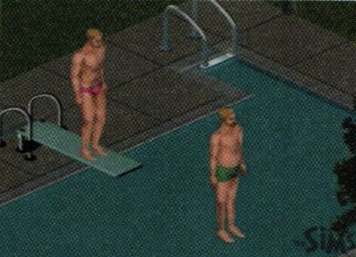 two rigid male specimens, in swimming tights, one on a diving board, one standing on water. isometric. the original sims.