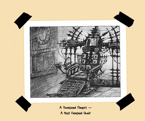 an illustration of an elaborate looking chair with steps leading up to it. it almost looks like a throne. caption below: a thousand fingers - a most unusual chair