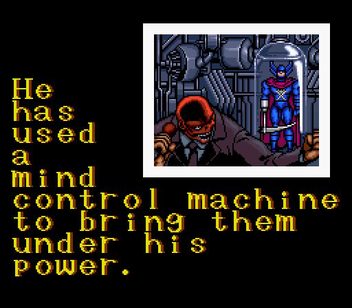 graphical depiction of red skull, wearing a suit and tie, with a blue suited, purple caped super hero trapped in a glass dome thing. metallic machinery in the background.
text:
he has used a mind control machine to bring them under his power.
