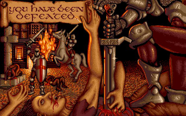 a knight is plunging a sword into someone who is spitting blood, reaching upward with one hand and holding the blade of the sword with the other as they are lying on the ground, a deathly look in their eye. a knight/a knight on a horse are slaughtering and burning buildings in the background.