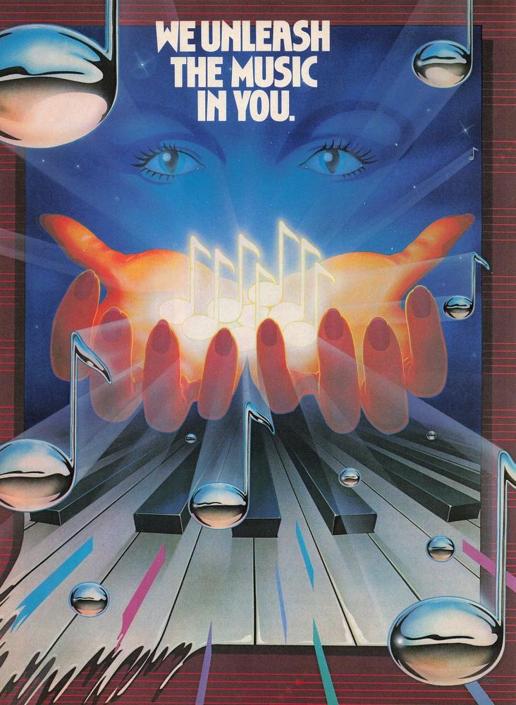 disembodied pair of eyes (in space) and hand with glowing musical notes hovering in their palms. below the hand are piano keys. shiny chrome musical notes are floating.