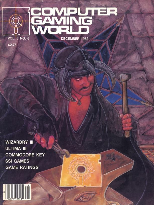 a robed blacksmith wearing horned head gear (horns pointing forward) is beating a gold floppy disk on an anvil.