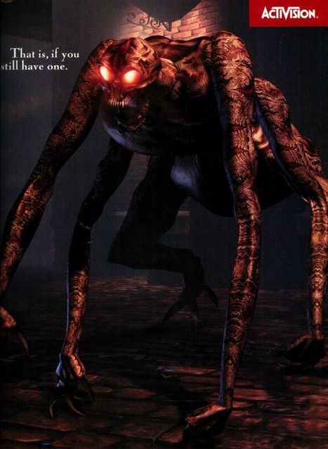the actual deformed beast with bright glowing eyes and sharp teeth, standing on five long arms/legs in a darkened environment. text: that is, if you still have one.