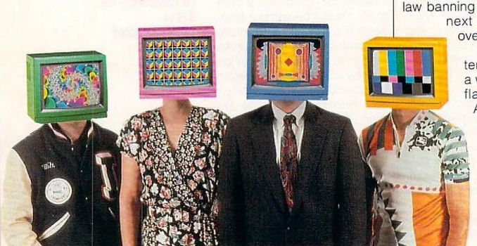 four people in various outfits but with televisions or monitors for heads. each tv/monitor has a different colourful image or face or pattern on it.