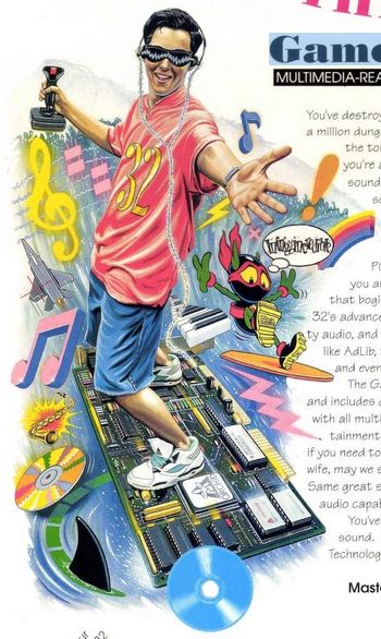 a cool dude holding a joystick, wearing shades with up and down wiz zaggy white lines in them (and also head phones), is surfin on a sound card electronic board. a wave, musical notes, compact discs, a rainbow, a shark's fin, a mostly submerged musical keyboard surround him. zool (from the game zool) is surfing beside him. zool's thought bubble says "infriggincredible".