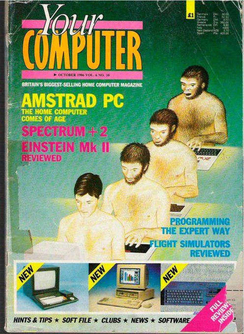 imagery: showing four stages of someone using a computer. they start off as ape-like in appearance and end up as looking like a normal human (evolution). all four stages are performed while naked.