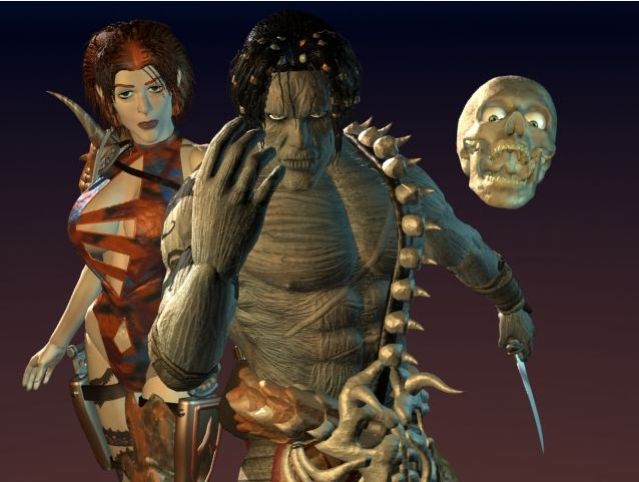 a floating, laughing skull, a non-human muscle-y warrior with weird skin that almost looks like wood. holding a knife, looking angry and a woman with reddish hair strapped up in skimpy armour and a weapon at her side. they look like a posse.