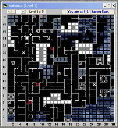header of window: automap
below: level 1 of 5          you are ar 7,8,1 facing east.
below this is a very neat looking map of corridors and rooms, most of which are still black, some grey with white squares, some blue and lighter blue squares. numbers co-ordinates are on the bottom and left of the window.