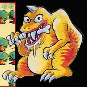 one horned yellowish creature with sharp teeth and a bone in its mouth, sharp claws on hands and feet. wide mouth.