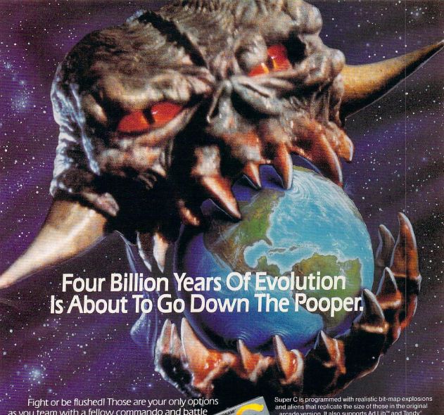 huge disembodied alien head with horns protruding out of the sides of its head literally has the planet earth in its mouth, between its sharp jagged teeth against a backdrop of space and stars. text:
four billion years of evolution is about to go down the pooper.