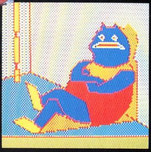 a blue/green creature sitting, its back against a wall. it is wearing something red, yellow foot wear, yellow on upper body. its mouth is wide and possibly sad. lofi pixelated.