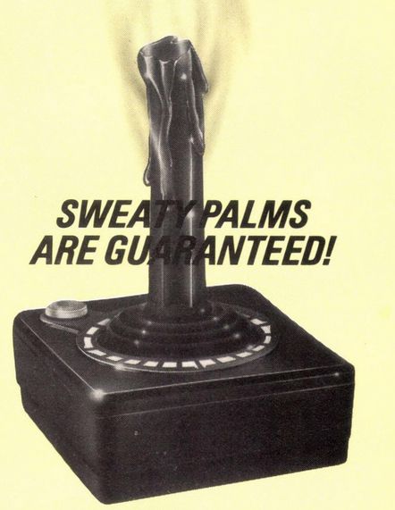 a classic atari joystick, the top tip of which is melting. overlaid black caps text: sweaty palms are guaranteed!