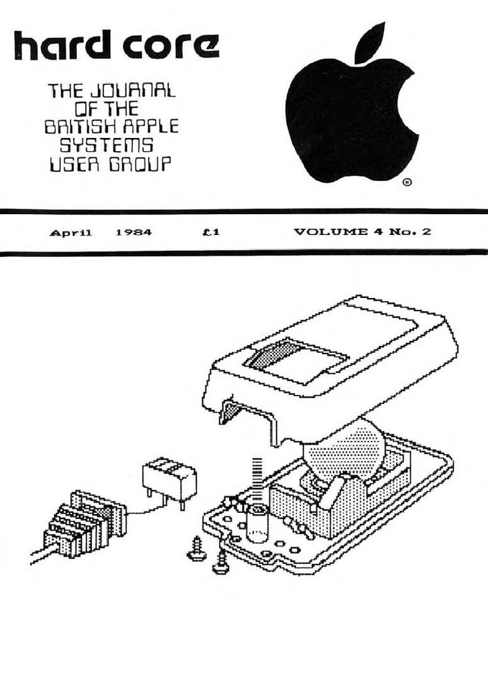 imagery is a pixelized image of an apple mouse but taken apart, showing the inside track ball, screws, connector, etc.
