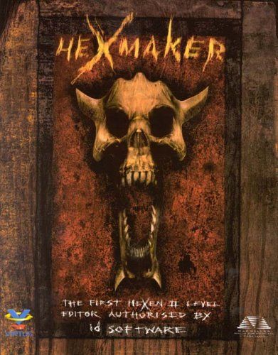 title font looks like scratching on wood. imagery is a horned skull, mouth open wide, sharp teeth. below, more scratched font: the first hexen II level editor authorized by id software