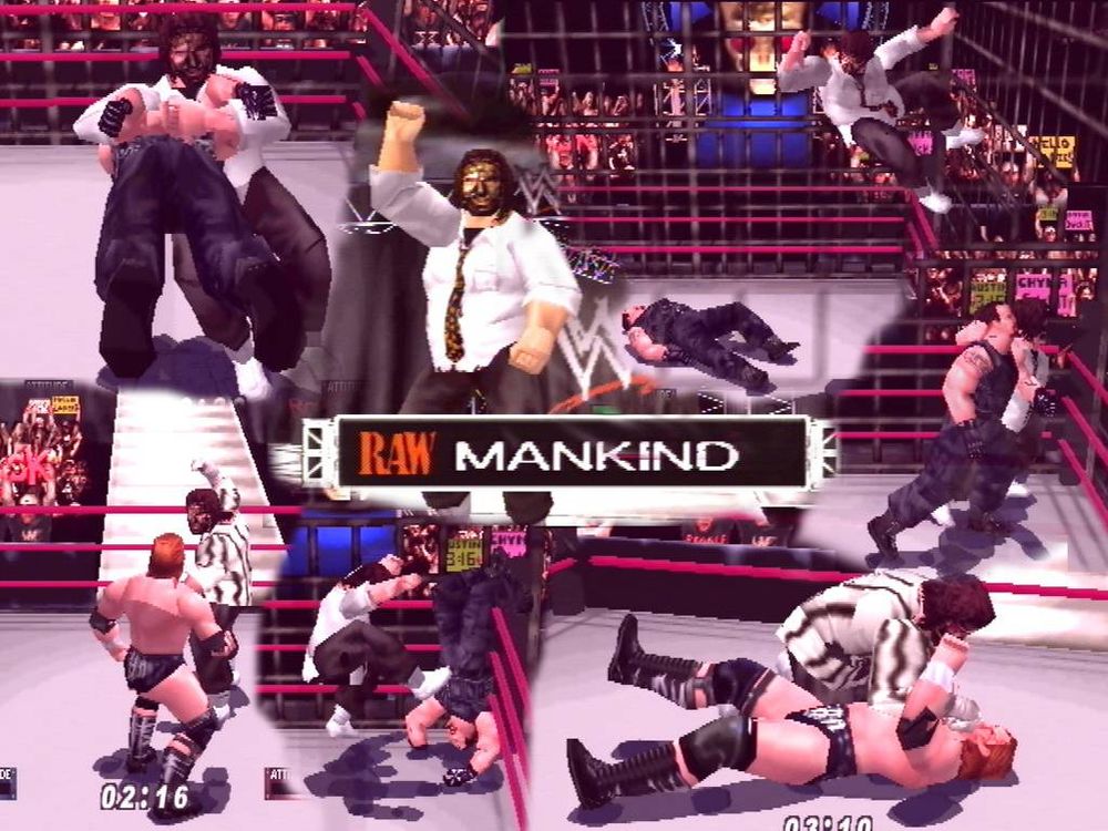 wallpaper showing various in game shots of wrestler mankind aka mick foley, performing his moves in the ring.