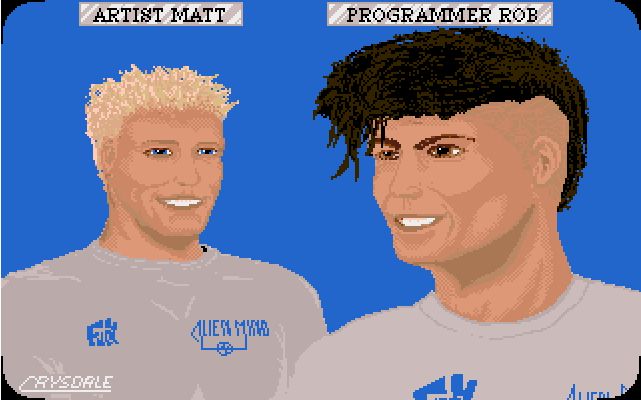 a graphical representation of two of the people that made this game, artist matt (crysdale), spiky blonde haired white dude, white promotional alien mind t-shirt and rob (kar), brown haired (styled in a kinda punkish, down the middle brushed forward style) white dude, same t-shirt.