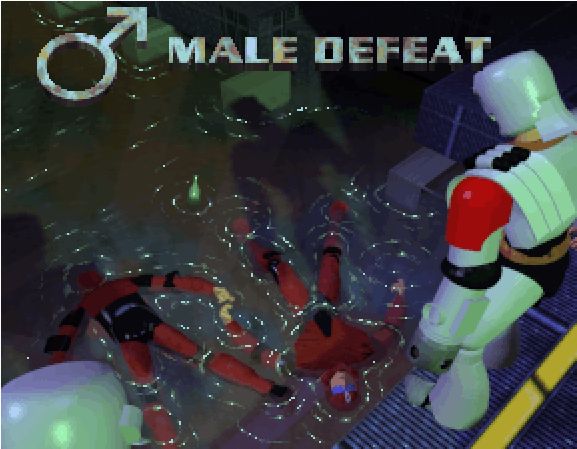 male corpses in red futuristic armour are floating in water as females in white armour look down at them. text reads: male defeat (male symbol to the left)