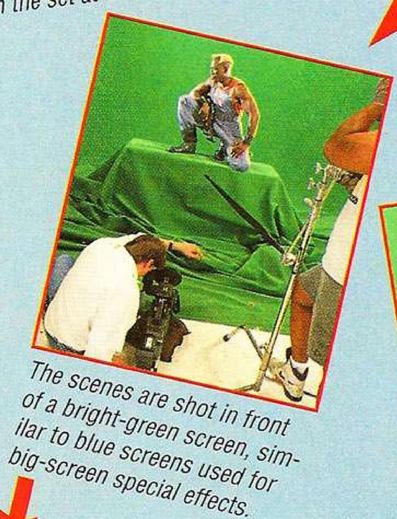 camera man catching footage of wesley on a platform, against a green screen.
caption: the scenes are shot in front of a bright-green screen, similar to blue screen used for big-screen special effects.