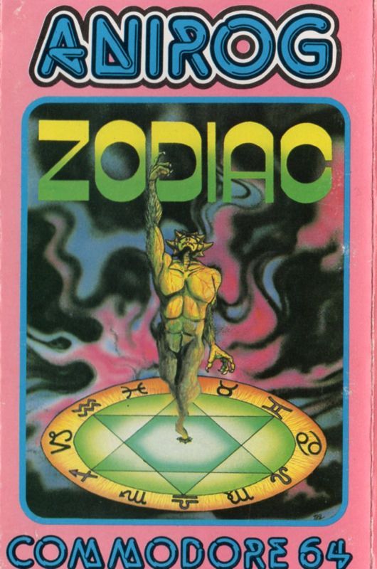 a muscle bound devil-like creature is standing on a star within a circle of zodiac symbols, its arm raised to the heavens. colours (pinks, blues, blacks) swirl in the background.