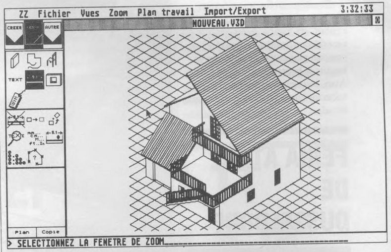 a house planning program with an isometric view of a multi-story house w/ balcony, slanted roof on a grid. menus are up the top, user interface to the left.