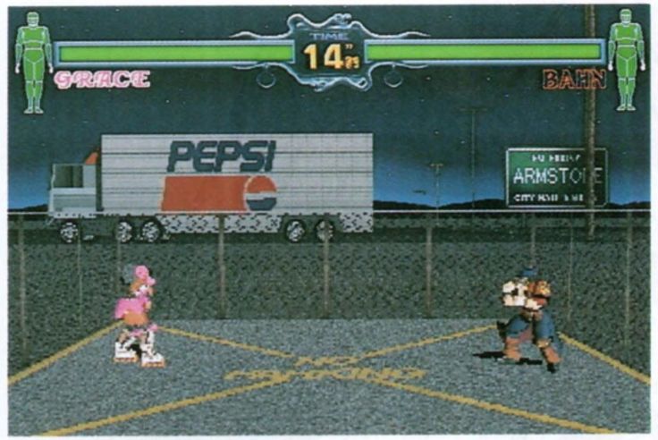 two fighters, one wearing pink, the other darker clothing, fighting in a 3d caged arena. in the background, a pepsi truck with the logo on it is placed prominently. user interface is up the top, both fighters are in full health, as displayed on their health meters and body representations.