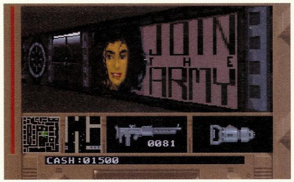 first person perspective, a poster on the wall with a smiling woman's face on the left (dark hair) and to the right 'join the army'. user interface down the bottom, showing weapons, cash and a map.
