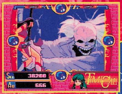 time gal, skimpy outfit, faces off against a massive creature with a skull-like head and long white hair, hollow eyes.