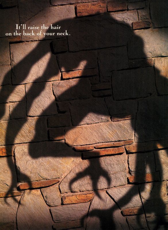 the shadow of a 'nightmare creature' or deformed beast with long arms, legs and claws, against a stone floor or wall. white text: it'll raise the hair on the back of your neck.