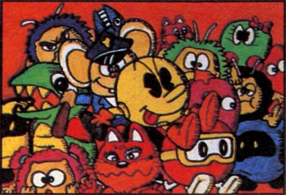 namco game characters, drawn lovingly including pac-man with his tongue out, mappy the police mouse, the goggled round orange creature from dig dug, etc. 