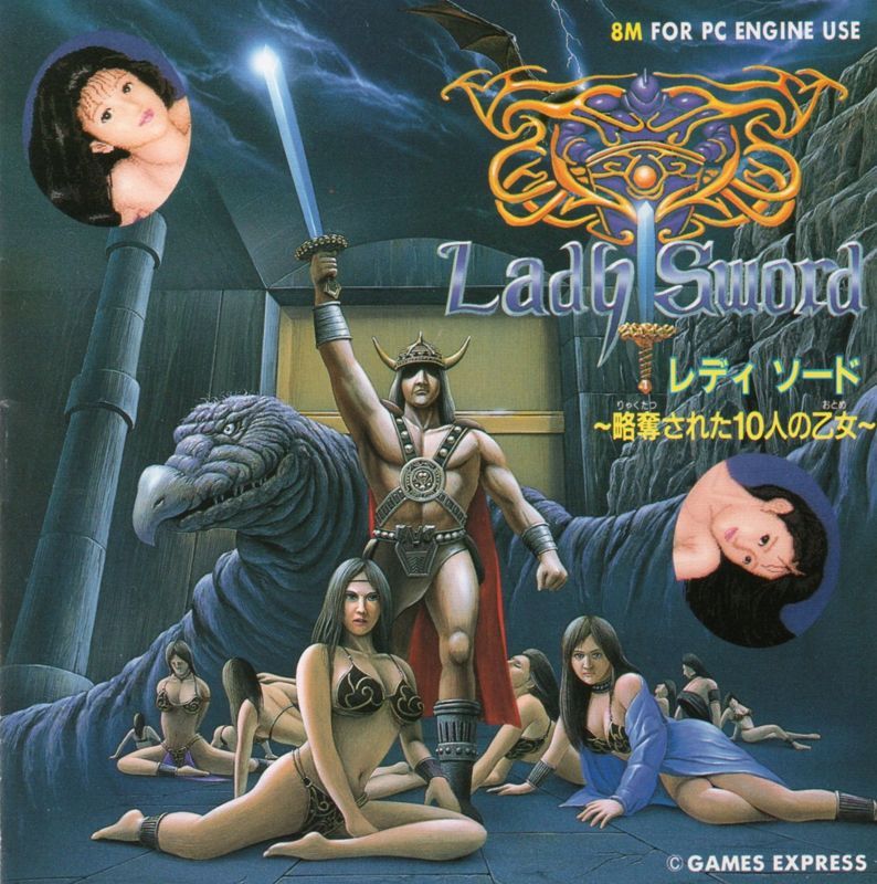 scantily clad woman are posing on the ground around a semi-naked warrior wearing a horned helmet and holding a sword skyward. behind them is a huge beaked scaley creature. two real woman's faces are shown in circles (hinting that they have no clothes on).