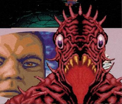 ugly wrinkled red creature (its head looks like brain) with seven small horns protruding from the top of it head, gaping mouth, sharp top teeth.