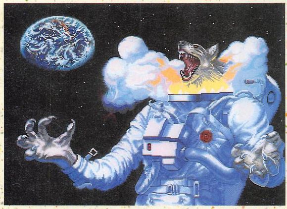 a wolf floating in a space suit with its helmet off and flames coming out of the neck of the space suit. the earth can see seen among space and stars in the background.