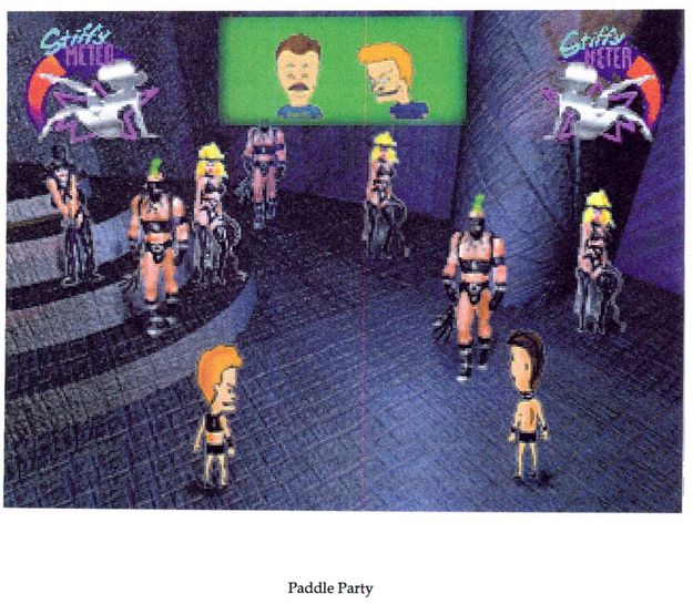this is concept art for a section of the game that would have been called 'paddle party'. the ui is up the top and has an image of beavis and butt-heads' faces and on either side an outline of a woman and the word 'stiffy meter'. beavis and butt-head and everyone else in the room is wearing scantily clad black leather. some enemies are holding whips. it looks like a club.