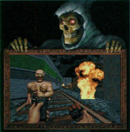 a grinning hood skeleton, eye sockets lit, boney hand holding onto the top of a picture frame with an in game screenshot from blood: first person perspective of hands holding dynamite and a detonator. walking on train tracks. a gaunt zombie approaches. an explosion ahead.