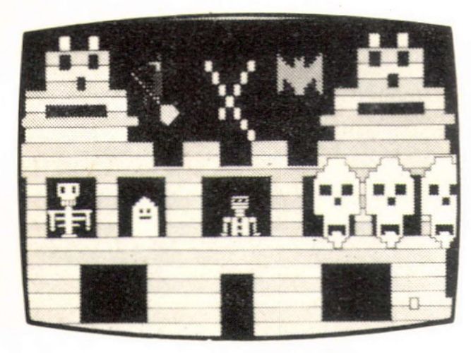 spooky building (manor) with two tall parts that look like they have faces, windows with skeletons, ghost and ?? peering out and floating angry ghost skulls. a witch is riding a broom and a bat is flying. a entrance door is down the bottom.
