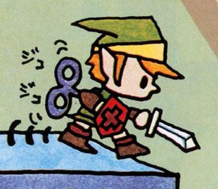 wind up link, green headwear, red shield with a cross, sword, walks off the edge of a desk.