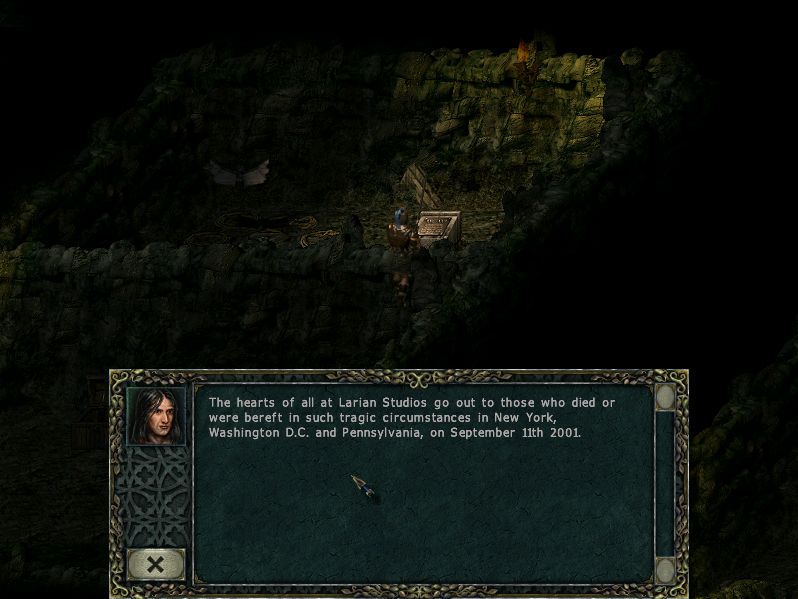 a person with long, dark hair is in a dark room with stone walls, reading a stone tablet:
the hearts of all at larian studios go out to those who died or were bereft in such tragic circumstances in new york, washington d.c. and pennsylvania, on september 11th 2001.