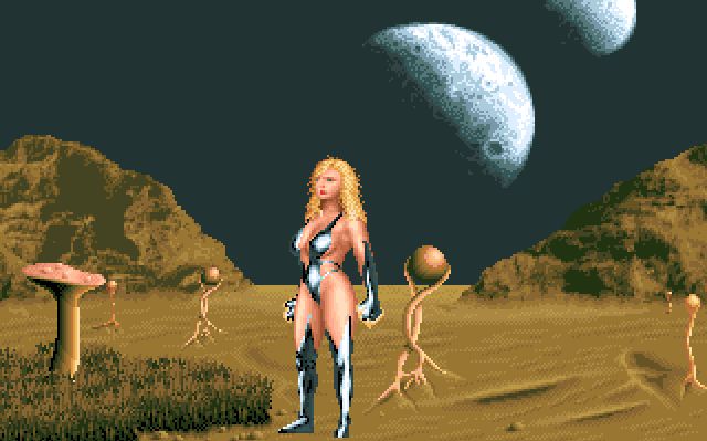 a woman with long, blond hair, wearing a particularly revealing outfit, is standing on an alien planet, in what looks like a desert with strange plants with orbs at the top and rocky hills. half shadowed planets are in the background in the sky.