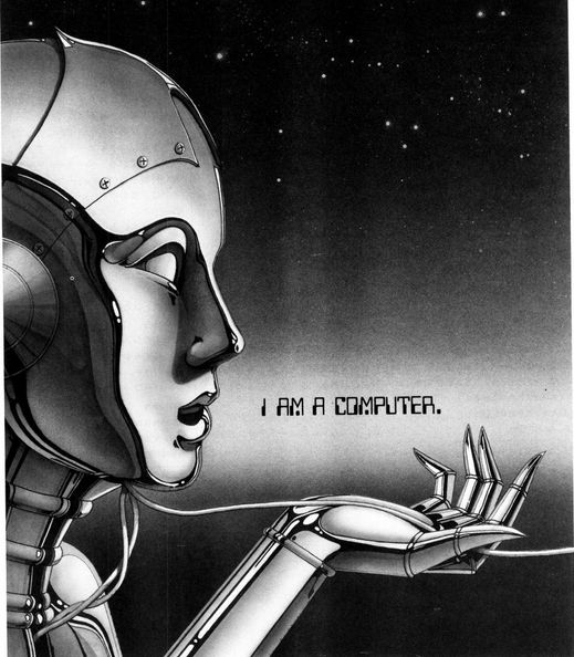 a shiny chrome android, hand raised, a wire running from its neck through its palm, stars and space above its head. text font: i am a computer.