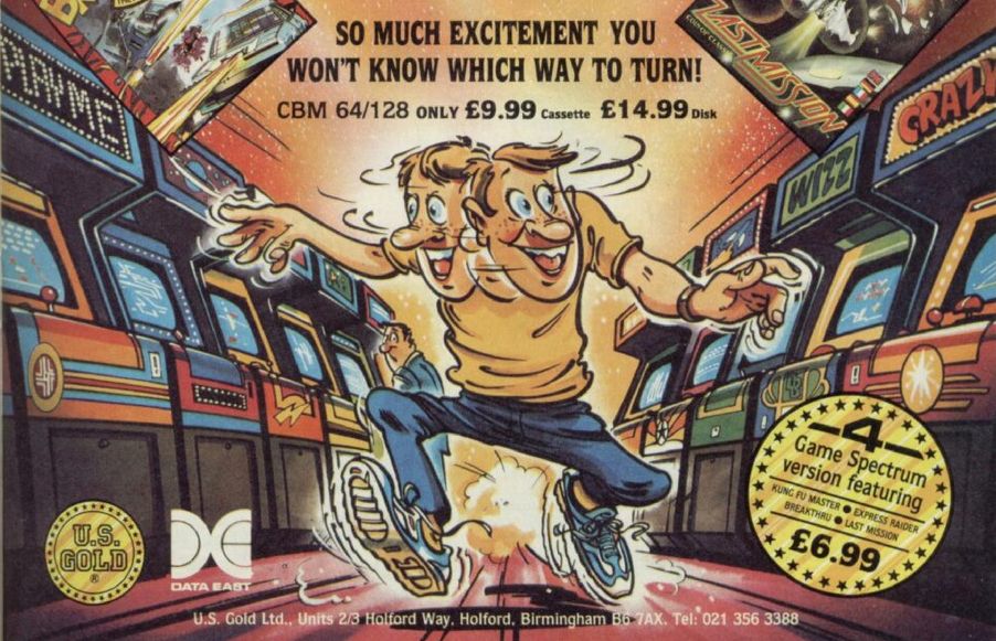 an excited young man, swivelling his head from side to side as he runs up an alley of arcade machines with titles such as 'play me', 'crazy' and 'wizz'. text: so much excitement you won't know which way to turn!
