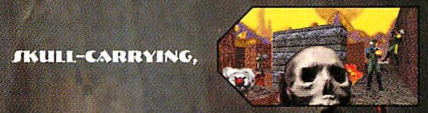 a first person screenshot of someone holding a skull as other action goes on in the background.
text: skull-carrying,