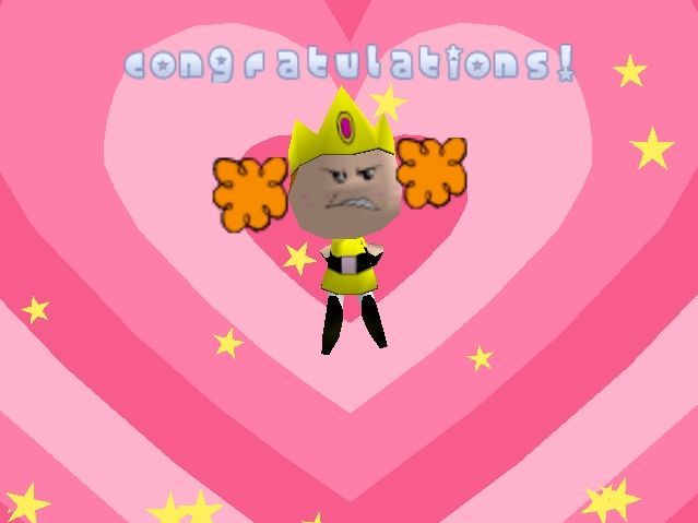 angry looking princess, puffy orange hair, golden crown, yellow dress, surrounded by layers of pink love hearts and a few yellow stars. the word 'congratulations!' is above.