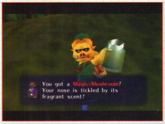 link has a purple magic mushroom in a jar. text box reads: you got a magic mushroom. your nose is tickled by its fragrant scent!