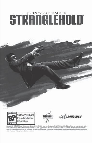 a dude wearing shades jumping backwards he shoots of a pistol in each hand. he is neatly dressed. this imagery is evocative of much of john woo's cinematic work.