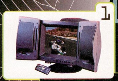 video game tv is currently an open unit as the speakers fold out on either side of the screen. the remote sits in front.