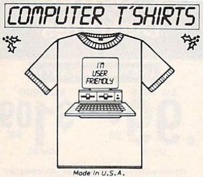 displayed rendering of a t-shirt that has an image of a double disk drive and keyboard on it with a screen above the the words 'i'm user friendly' on it. below the t-shirt: made in u.s.a.