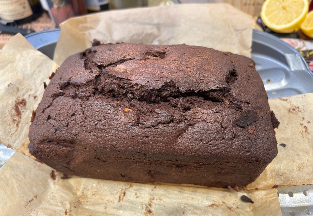 Chocolate and pear loaf with large crack down the top - delicious!